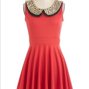 ModCloth Red Skater Dress Gold Peter Pan Collar